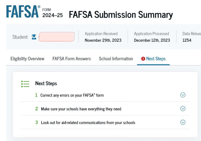 2024-25 FAFSA Submission Summary dashboard showing the Next Steps tab and student aid details.