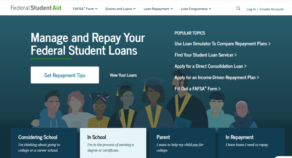 Homepage of the official Federal Student Aid (FSA) website showing loan management and FAFSA options.