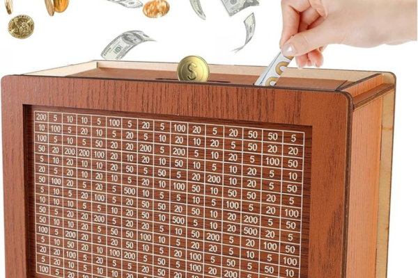 A wooden savings box with a grid of dollar amounts being filled with cash and coins to represent financial stabilization and goal tracking.