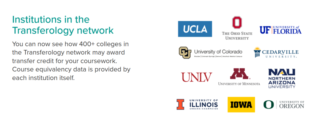 Transferology network interface displaying partner universities including UCLA, Ohio State, and Florida.